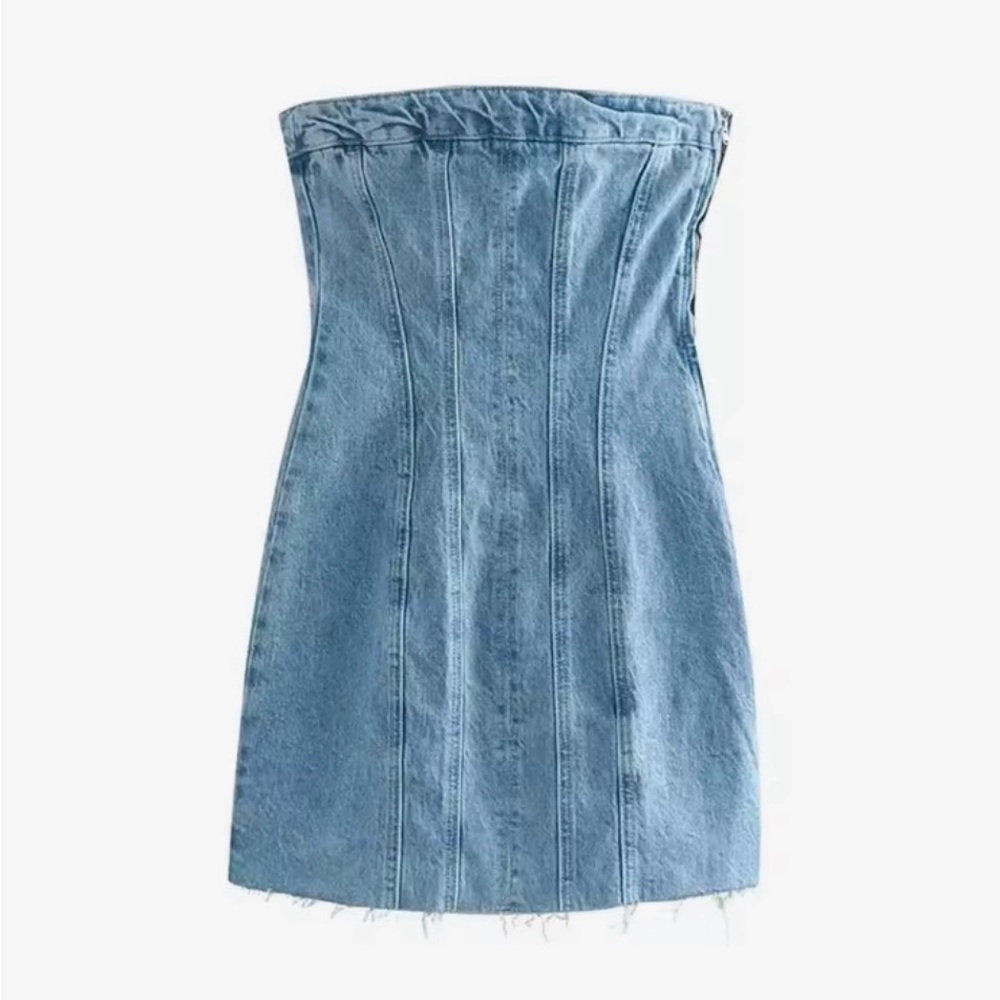 Zara Denim Strapless Mini Dress in Light Blue
